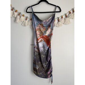 Dolls Kill Satin Slip Dress in Purple, Red, Blue Print